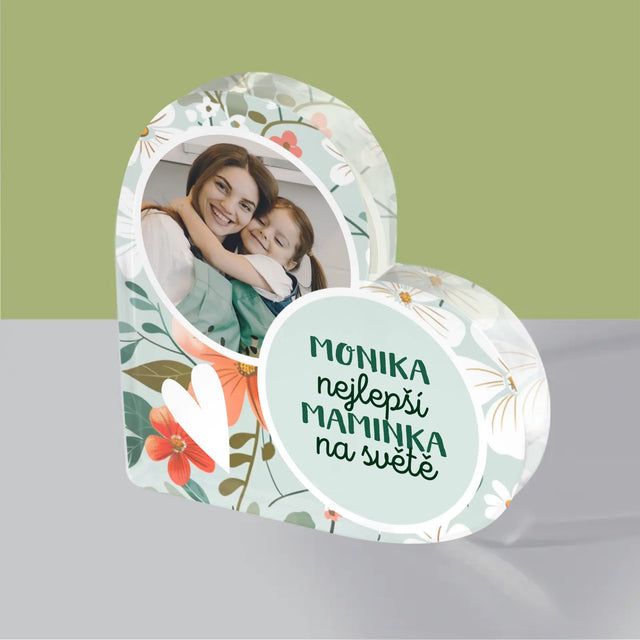 Fotka A Textem: Nejlepší Maminka Květiny - Akrylový Blok Srdce