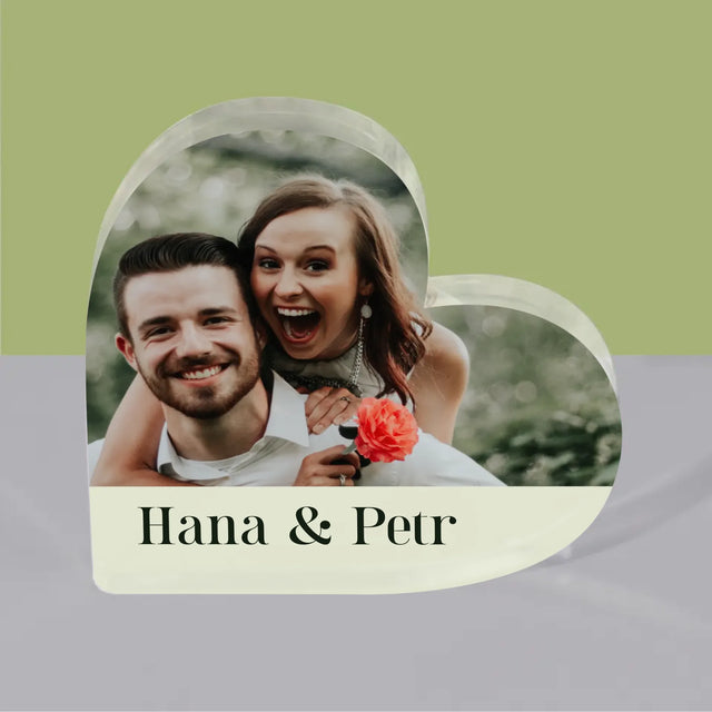 Fotokoláž: Pár Jména - Akrylový Blok Srdce