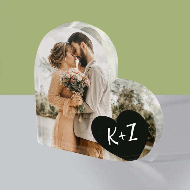 Fotka A Textem: Tvoje Fotka Iniciály - Akrylový Blok Srdce