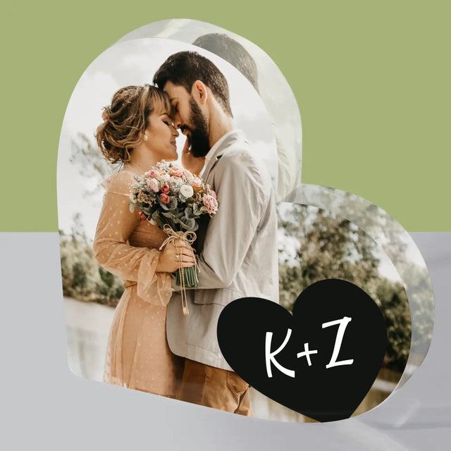 Fotka A Textem: Tvoje Fotka Iniciály - Akrylový Blok Srdce