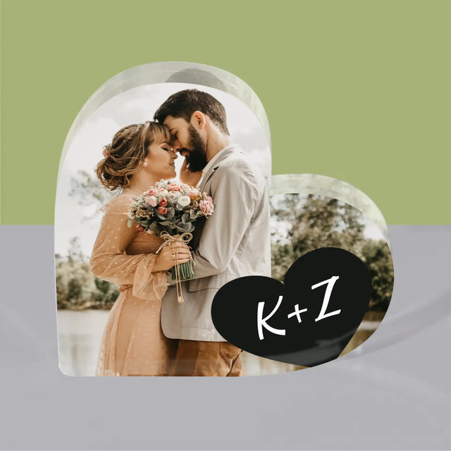 Fotka A Textem: Tvoje Fotka Iniciály - Akrylový Blok Srdce