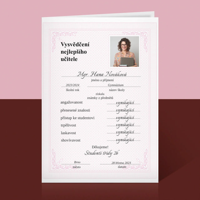 Fotka A Textem: Vysvědčení Nejlepšího Učitele - Přání