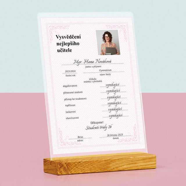 Fotka A Textem: Vysvědčení Nejlepšího Učitele - Tisk Na Akrylovém Skle
