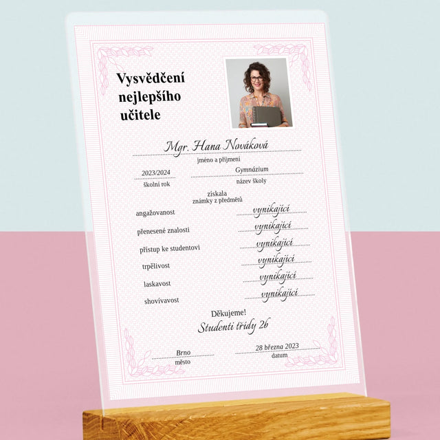 Fotka A Textem: Vysvědčení Nejlepšího Učitele - Tisk Na Akrylovém Skle