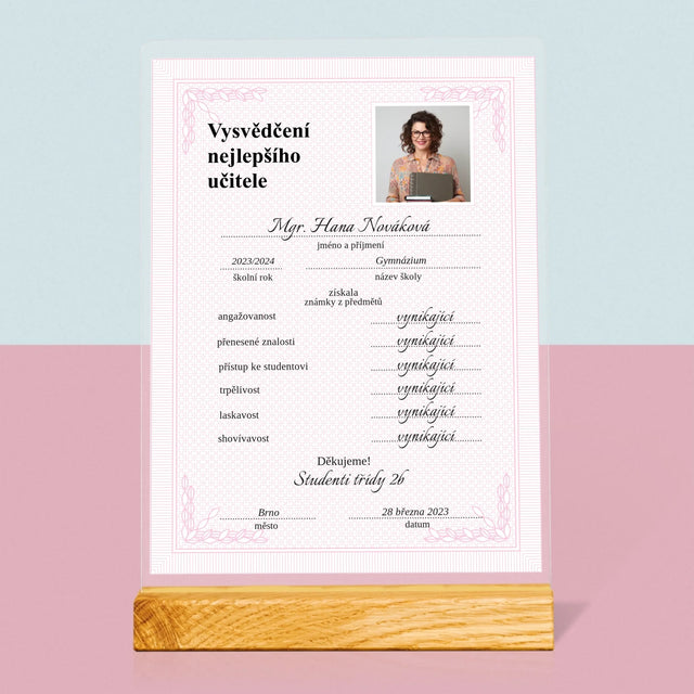 Fotka A Textem: Vysvědčení Nejlepšího Učitele - Tisk Na Akrylovém Skle