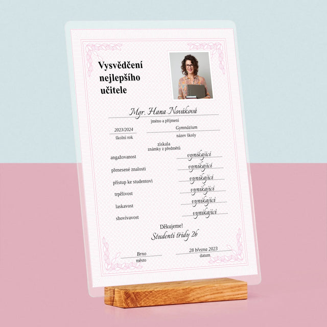 Fotka A Textem: Vysvědčení Nejlepšího Učitele - Tisk Na Akrylovém Skle