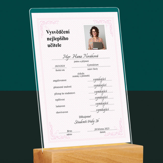Fotka A Textem: Vysvědčení Nejlepšího Učitele - Tisk Na Akrylovém Skle