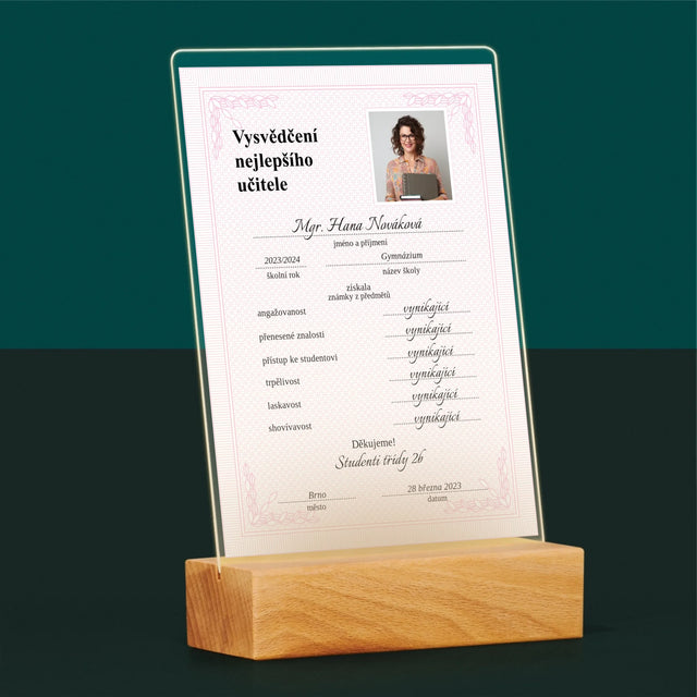 Fotka A Textem: Vysvědčení Nejlepšího Učitele - Tisk Na Akrylovém Skle