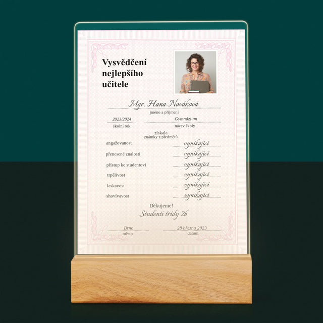 Fotka A Textem: Vysvědčení Nejlepšího Učitele - Tisk Na Akrylovém Skle