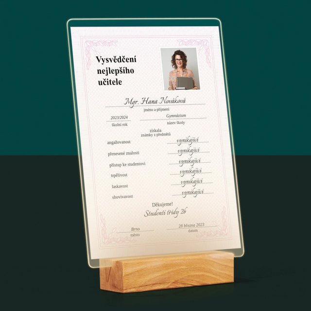 Fotka A Textem: Vysvědčení Nejlepšího Učitele - Tisk Na Akrylovém Skle