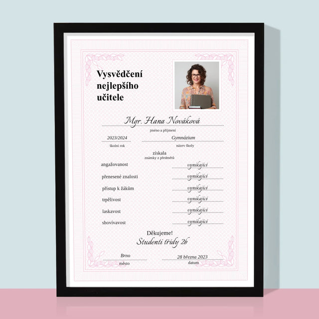 Fotka A Textem: Vysvědčení Nejlepšího Učitele - Tisk V Rámečku