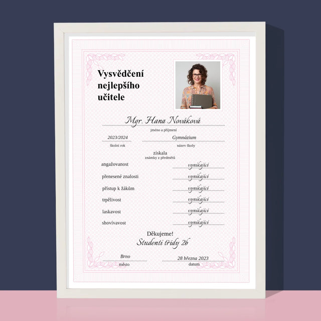Fotka A Textem: Vysvědčení Nejlepšího Učitele - Tisk V Rámečku