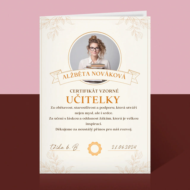Fotka A Textem: Certifikát Vzorné Učitelky - Přání