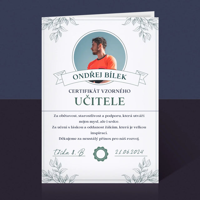Fotka A Textem: Certifikát Vzorného Učitele - Přání