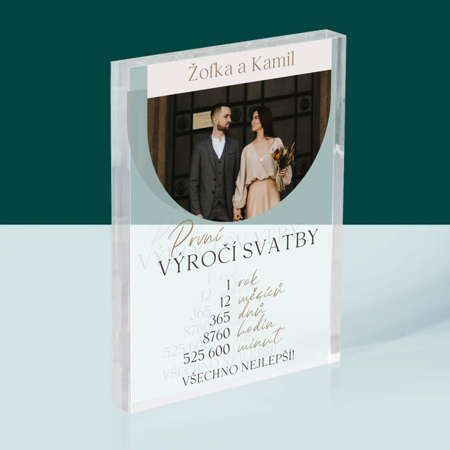 Fotka A Textem: První Výročí Svatby - Akrylový Blok