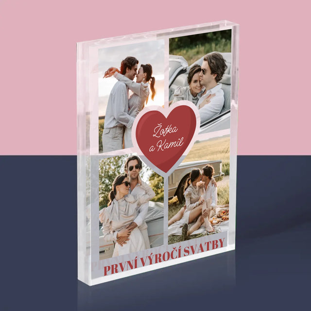 Fotokoláž: První Výročí Srdce - Akrylový Blok