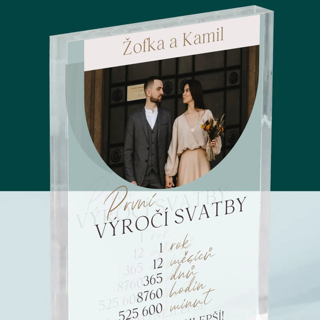 Fotka A Textem: První Výročí Svatby - Akrylový Blok