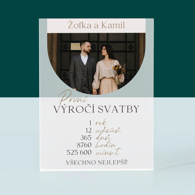 Fotka A Textem: První Výročí Svatby - Akrylový Blok