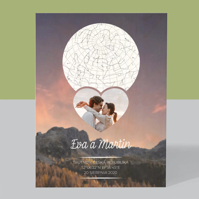 Hvězdná Mapa: Zamilovaný Pár Na Horách - Tisk Na Dřevo