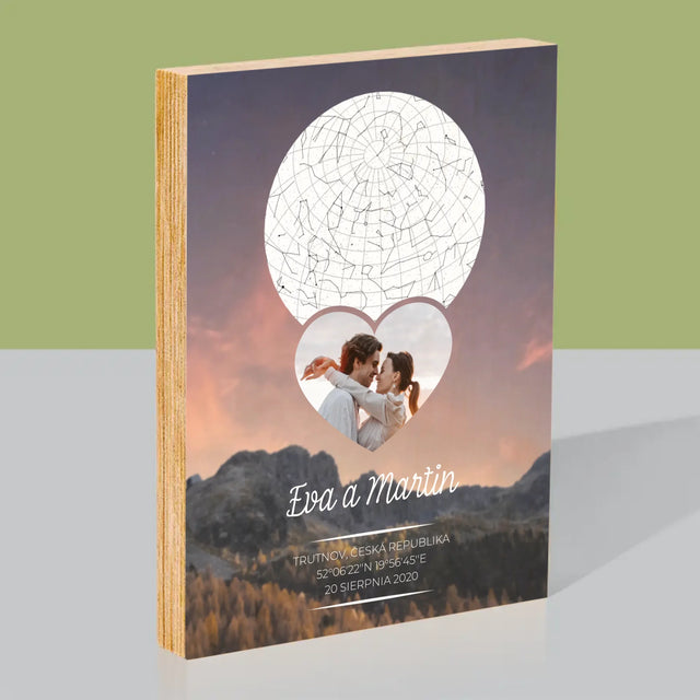 Hvězdná Mapa: Zamilovaný Pár Na Horách - Tisk Na Dřevo