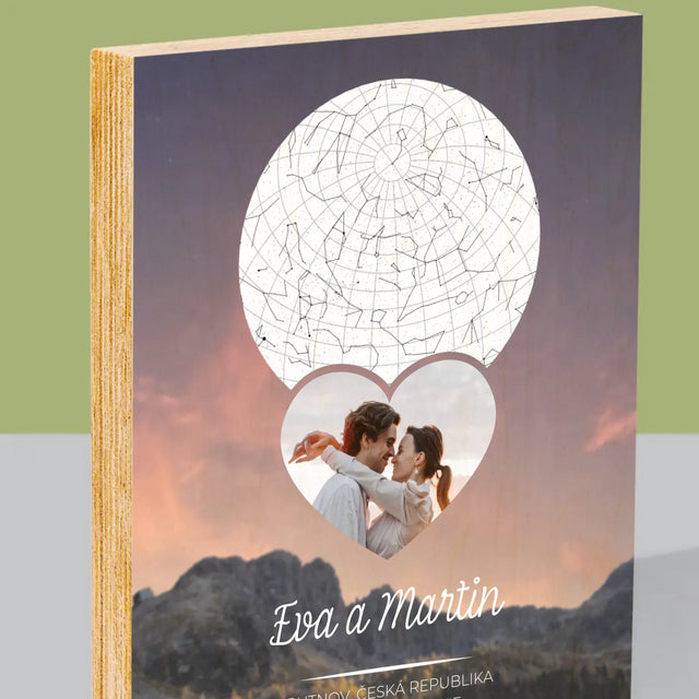 Hvězdná Mapa: Zamilovaný Pár Na Horách - Tisk Na Dřevo