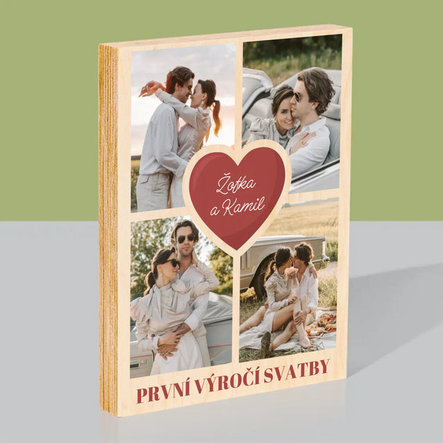 Fotokoláž: První Výročí Srdce - Tisk Na Dřevo