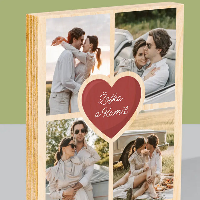 Fotokoláž: První Výročí Srdce - Tisk Na Dřevo