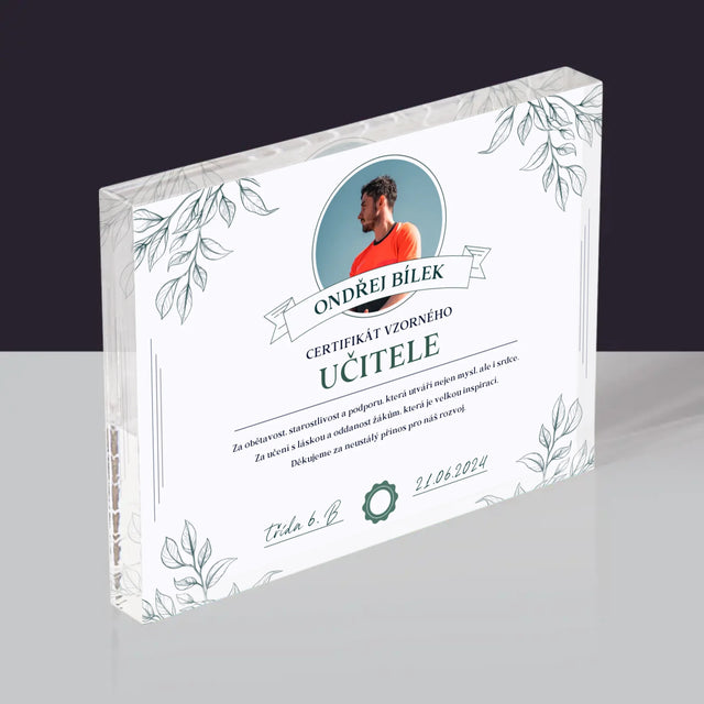 Fotka A Textem: Certifikát Vzorného Učitele - Akrylový Blok