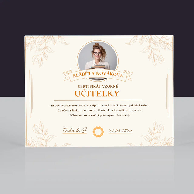 Fotka A Textem: Certifikát Vzorné Učitelky - Akrylový Blok