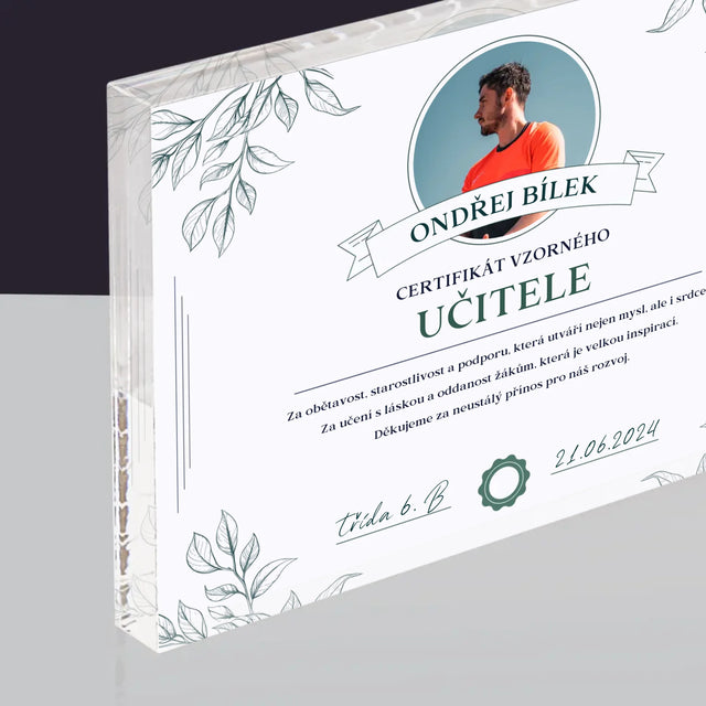 Fotka A Textem: Certifikát Vzorného Učitele - Akrylový Blok