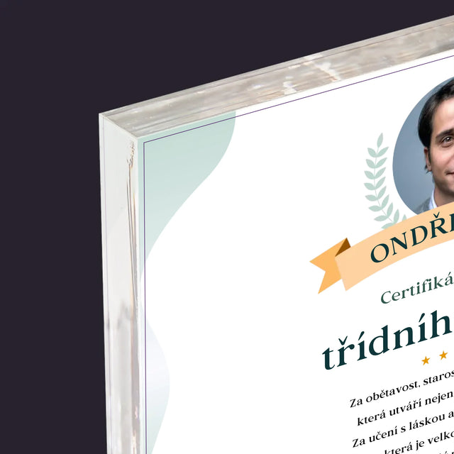 Fotka A Textem: Certifikát Nejlepšího Třídního Učitele - Akrylový Blok