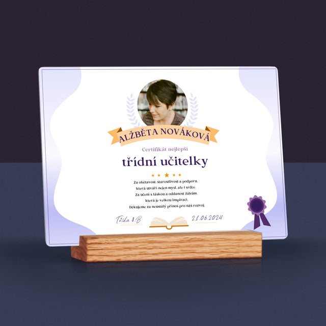 Fotka A Textem: Certifikát Nejlepší Třídní Učitelky - Tisk Na Akrylovém Skle