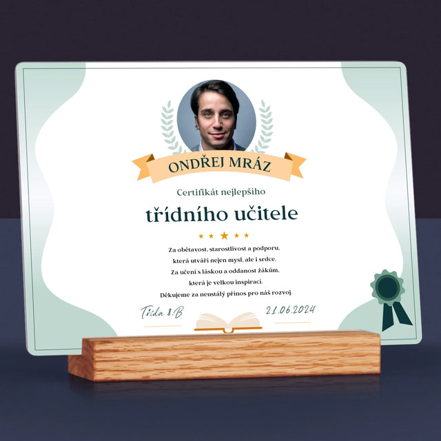 Fotka A Textem: Certifikát Nejlepšího Třídního Učitele - Tisk Na Akrylovém Skle