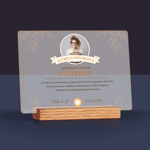 Fotka A Textem: Certifikát Vzorné Učitelky - Tisk Na Akrylovém Skle