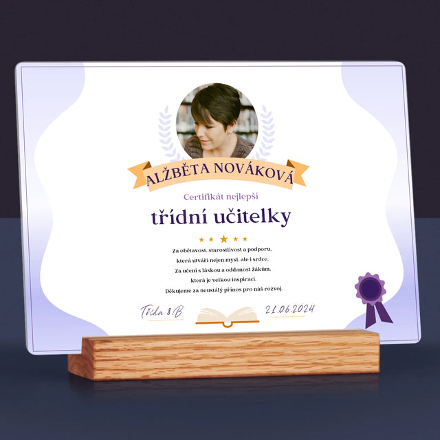 Fotka A Textem: Certifikát Nejlepší Třídní Učitelky - Tisk Na Akrylovém Skle