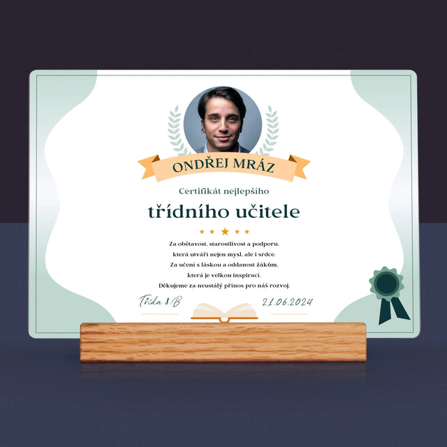 Fotka A Textem: Certifikát Nejlepšího Třídního Učitele - Tisk Na Akrylovém Skle