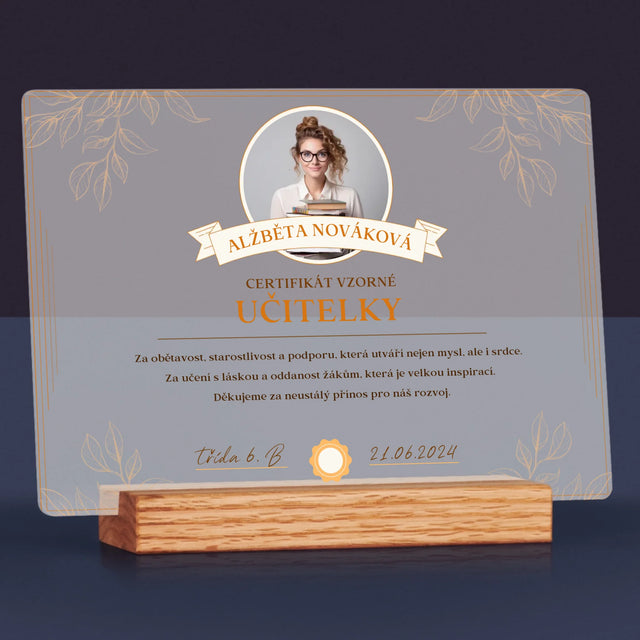 Fotka A Textem: Certifikát Vzorné Učitelky - Tisk Na Akrylovém Skle