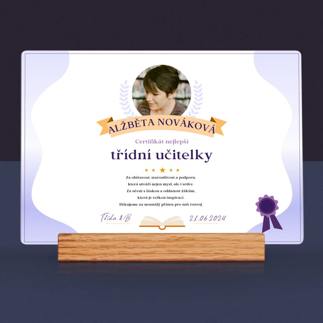 Fotka A Textem: Certifikát Nejlepší Třídní Učitelky - Tisk Na Akrylovém Skle