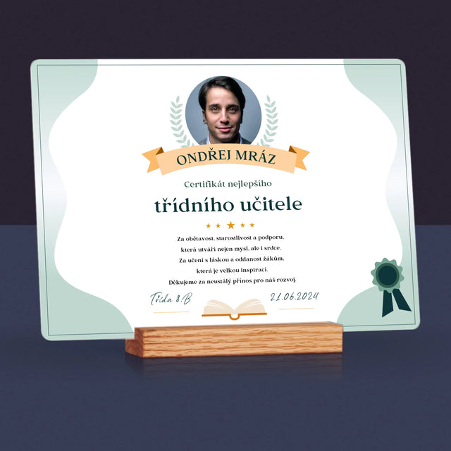 Fotka A Textem: Certifikát Nejlepšího Třídního Učitele - Tisk Na Akrylovém Skle