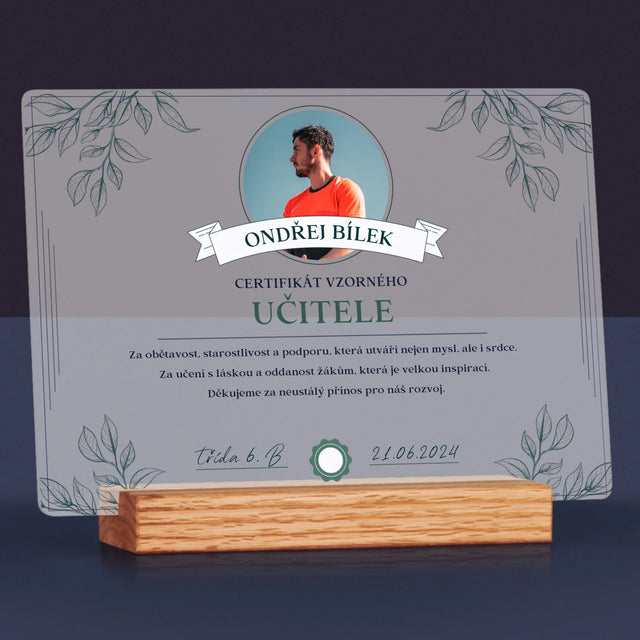 Fotka A Textem: Certifikát Vzorného Učitele - Tisk Na Akrylovém Skle