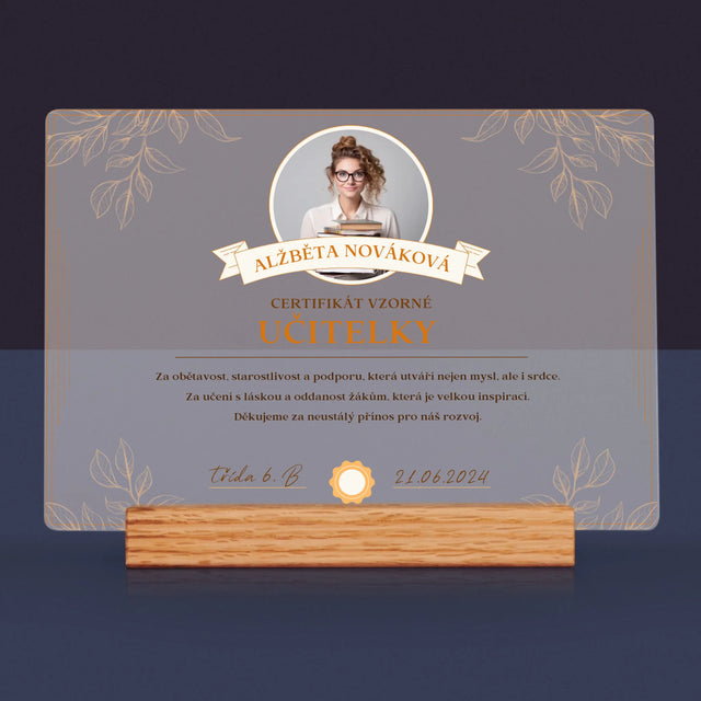 Fotka A Textem: Certifikát Vzorné Učitelky - Tisk Na Akrylovém Skle
