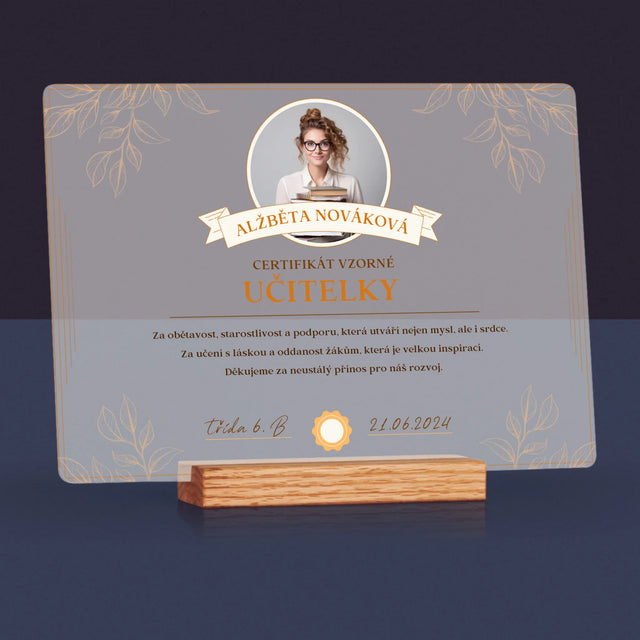 Fotka A Textem: Certifikát Vzorné Učitelky - Tisk Na Akrylovém Skle