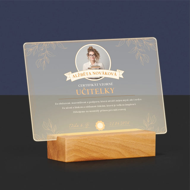 Fotka A Textem: Certifikát Vzorné Učitelky - Tisk Na Akrylovém Skle
