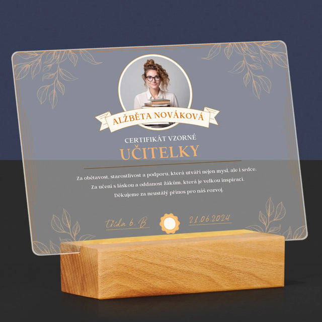 Fotka A Textem: Certifikát Vzorné Učitelky - Tisk Na Akrylovém Skle