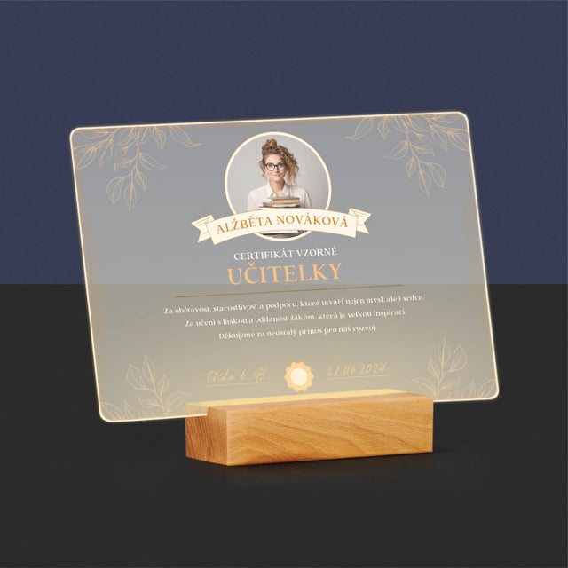 Fotka A Textem: Certifikát Vzorné Učitelky - Tisk Na Akrylovém Skle