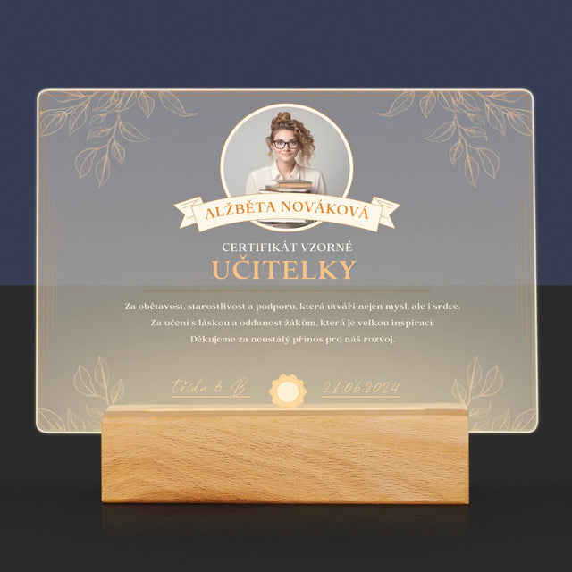 Fotka A Textem: Certifikát Vzorné Učitelky - Tisk Na Akrylovém Skle