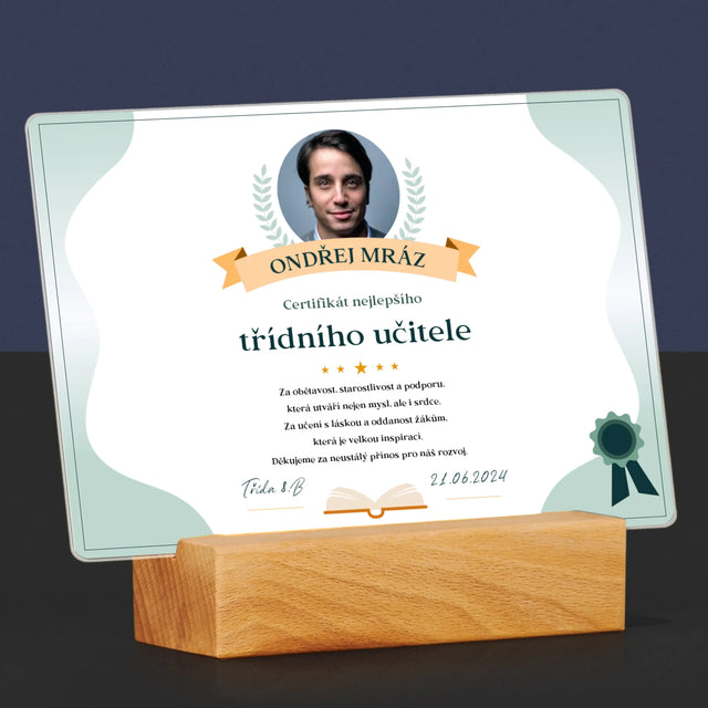 Fotka A Textem: Certifikát Nejlepšího Třídního Učitele - Tisk Na Akrylovém Skle