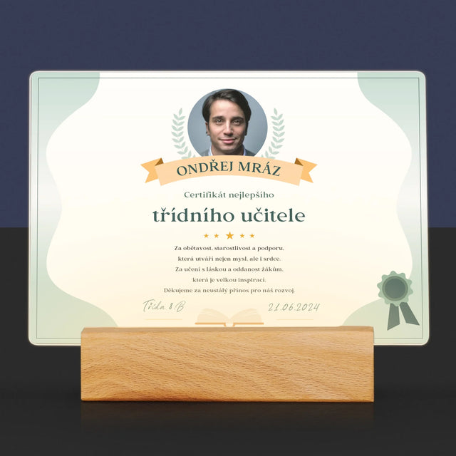 Fotka A Textem: Certifikát Nejlepšího Třídního Učitele - Tisk Na Akrylovém Skle