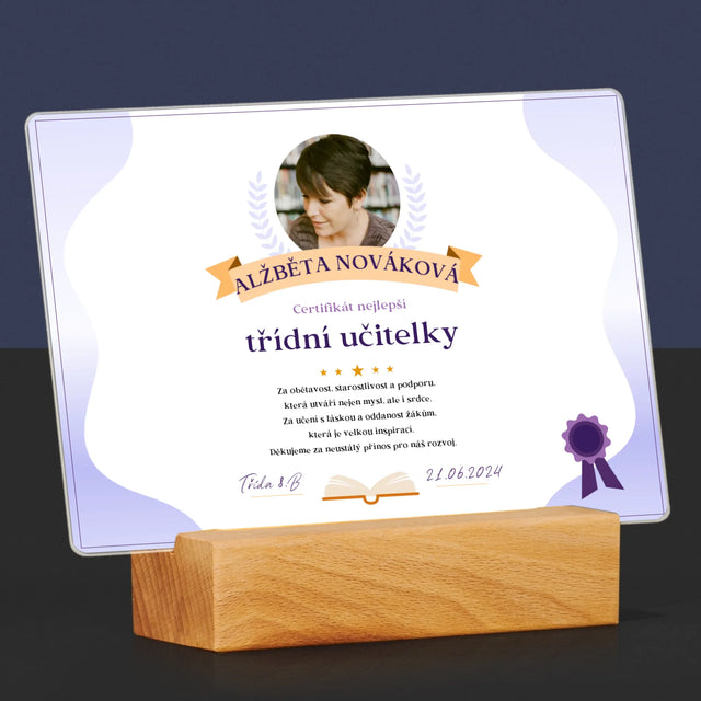 Fotka A Textem: Certifikát Nejlepší Třídní Učitelky - Tisk Na Akrylovém Skle