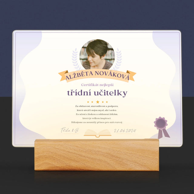 Fotka A Textem: Certifikát Nejlepší Třídní Učitelky - Tisk Na Akrylovém Skle
